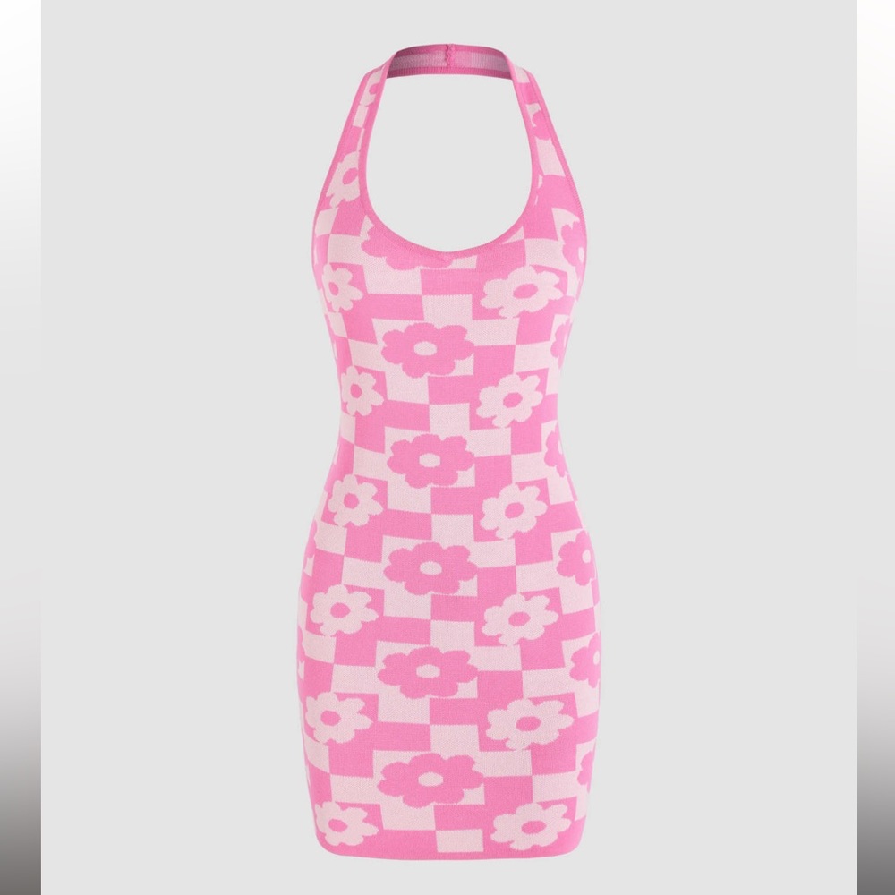 Cider Floral Check Knit Halter Dress in Pink NWT